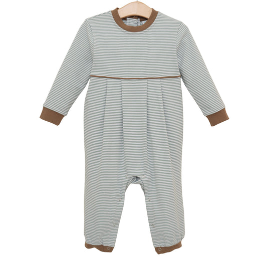 Patrick Romper- Dusty Sage Stripe/Light Brown