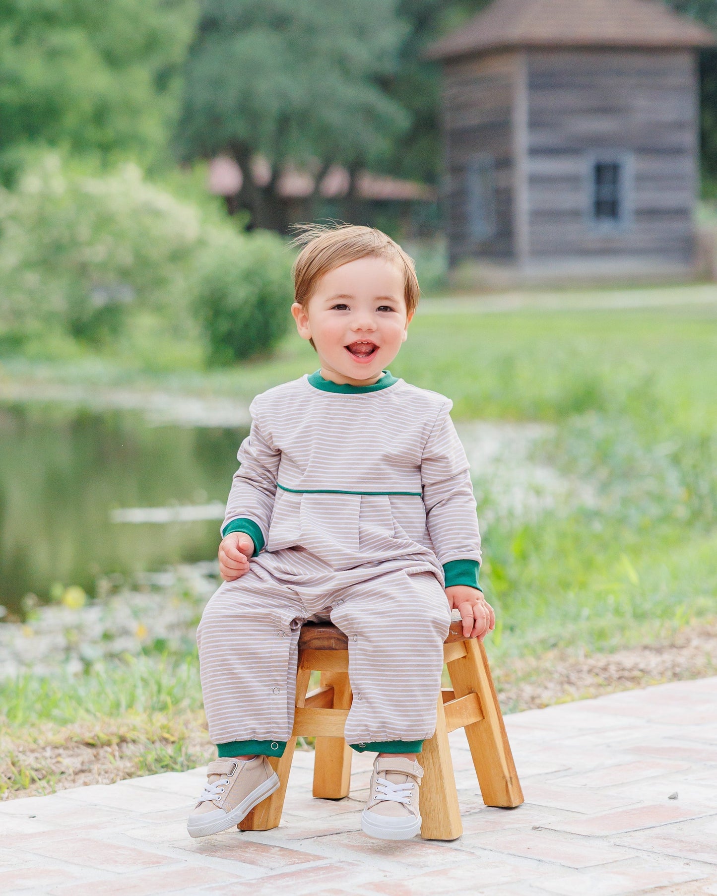 Patrick Romper- Tan Stripe/Hunter Green